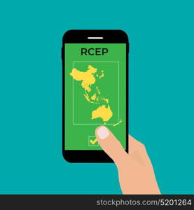 Concept phone with Modern Regional Comprehensive Economic Partnership RCEP map. Vector Illustration. EPS10. Concept phone with Modern Regional Comprehensive Economic Partnership RCEP map. Vector Illustration