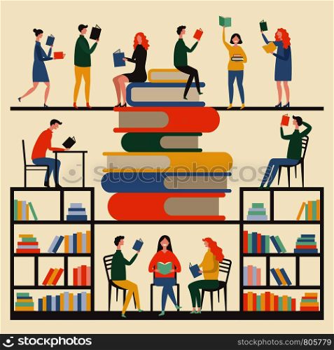 Concept picture with mascots male and female which reading books in library. Education with books vector. Study knowledge illustration. Concept picture with mascots male and female which reading books in library