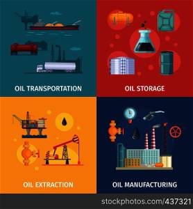 Concept pictures of oil manufacturing. Fuel exploration and extraction, petroleum manufacture, vector illustration. Concept pictures of oil manufacturing. Fuel exploration