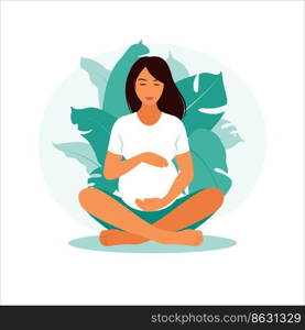 Concept pregnancy, motherhood. Pregnant woman with nature leaves background. Illustration in flat style.