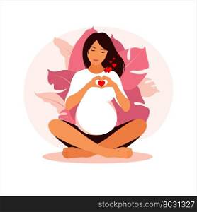 Concept pregnancy, motherhood, yoga, meditation and health care. Illustration in flat style.