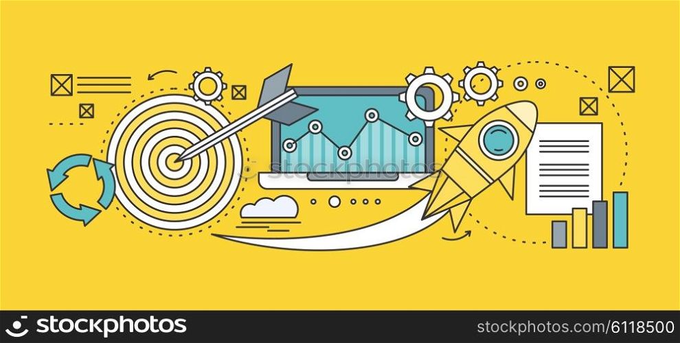 Concept search engine optimization. Analytic and analysis, development startup, diagram and statistic, management strategy, promotion project illustration. Set of thin, lines icons