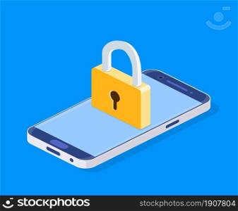 Concept security online network. isometric lock on screen phone. Mobile data security. Isometric internet security shield business concept.. Concept security online network.