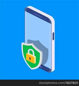 Concept security online network. isometric shield on screen phone. Mobile data security. Isometric internet security shield business concept.. Concept security online network.