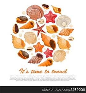 Concept shells and sea stars with isolated icon set combined in round and headline it s time to travel vector illustration. Concept Shells And Sea Stars