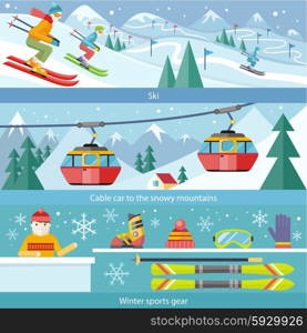 Concept skiing winter sport flat style. Cable car, gear snow, hobby and boot, season sporting, shoes and leasure, downhill and skier, speed extreme, activity and landscape illustration