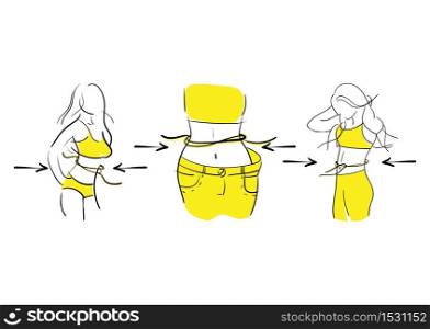 Concept slimming symbol weight loss. Silhouette of sport girl with slender figure, which is engaged in sports. Vector.Hand drawn. Hand drawn vector. Concept slimming symbol weight loss. Silhouette of sport girl with slender figure