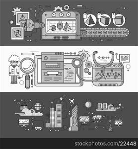 Concept smart innovation technology. 3D printer and seo analytics, infrastructure and smart industry city, system development, management and control illustration. Set of thin, lines flat icons