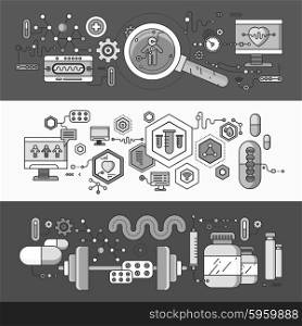 Concept study of human medicine. Medical health, science and care, pharmacy and healthcare, laboratory and pharmaceutical, therapy and dna, capsule and pharmacology, pulse. Set of thin, lines icons