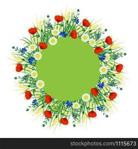Concept Summer. In the center round green signboard around the field grass, herbs and flowers. Place for text. On white background. Summer. Signboard round on white background