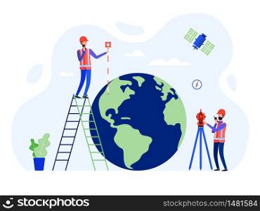 Concept surveyors, geodesists and land engineers using the total station, theodolite, measuring instruments, satellite, globe. Vector flat illustration.