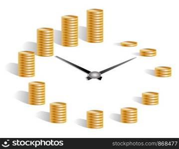 Concept time is money, dial, clock hands, around the pile of gold coins from one to twelve. Time management illustration. Time management business concept.. Concept time is money, dial, clock hands, around the pile of gold coins from one to twelve