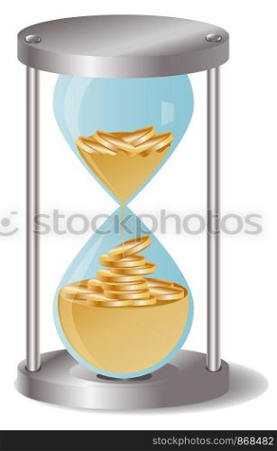 Concept time is money, money like sand, gold coins in an hourglass. Time management illustration. Time management business concept.. Concept time is money, money like sand, gold coins in an hourglass