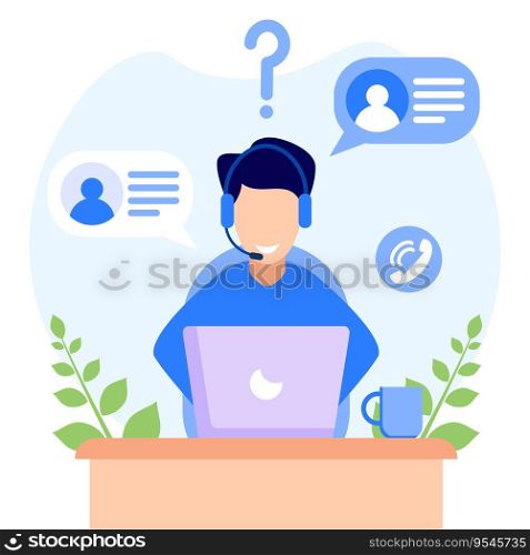 Concept vector illustration for support, call center. Customer service. Characters with headphones serving customers very swiftly.