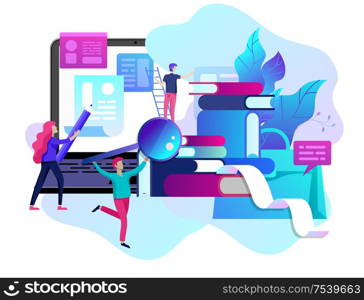 Concept vector illustration of business Blogging, people and education technology. Vector illustration news, copywriting, seminars, tutorial, creative writing, content management for web page, banner presentation, social media documents. Concept vector illustration of business Blogging, education