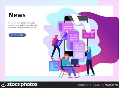 Concept vector illustration of business Blogging, people and education technology. Vector illustration news, copywriting, seminars, tutorial, creative writing. Landing page template. Concept vector illustration of business Blogging, education