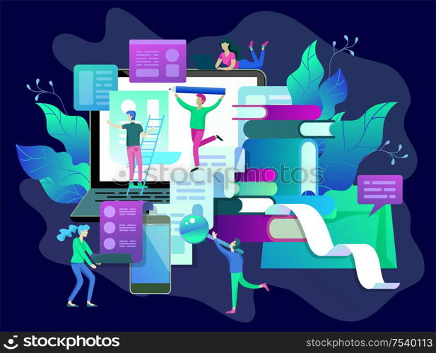 Concept vector illustration of business Blogging, people and education technology. Vector illustration news, copywriting, seminars, tutorial, creative writing, content management for web page, banner presentation, social media documents. Concept vector illustration of business Blogging, education