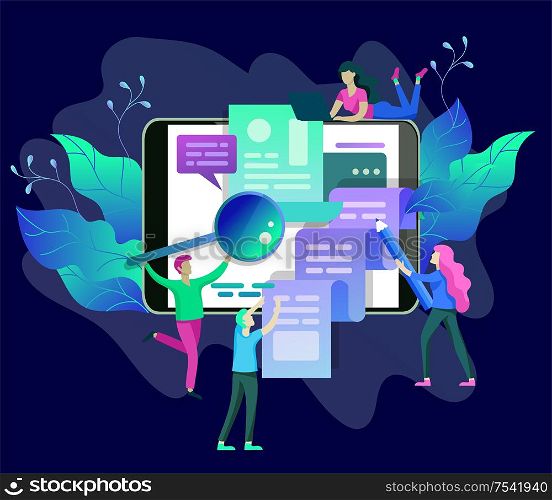 Concept vector illustration of business Blogging, people and education technology. Vector illustration news, copywriting, seminars, tutorial, creative writing, content management for web page, banner presentation, social media documents. Concept vector illustration of business Blogging, education