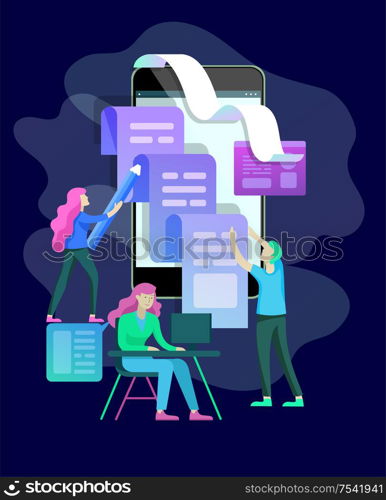 Concept vector illustration of business Blogging, people and education technology. Vector illustration news, copywriting, seminars, tutorial, creative writing, content management for web page, banner presentation, social media documents. Concept vector illustration of business Blogging, education