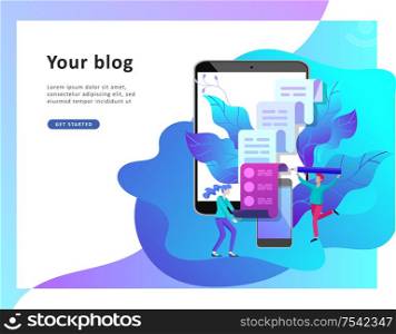 Concept vector illustration of business Blogging, people and education technology. Vector illustration news, copywriting, seminars, tutorial, creative writing. Landing page template. Concept vector illustration of business Blogging, education