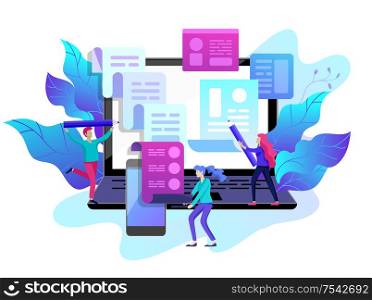 Concept vector illustration of business Blogging, people and education technology. Vector illustration news, copywriting, seminars, tutorial, creative writing, content management for web page, banner presentation, social media documents. Concept vector illustration of business Blogging, education