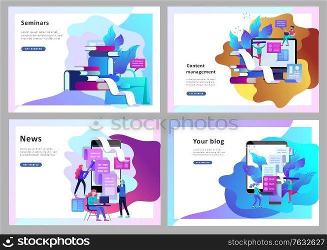 Concept vector illustration of business Blogging, people and education technology. Vector illustration news, copywriting, seminars, tutorial, creative writing. Landing page template. Concept vector illustration of business Blogging, people and education technology. Vector illustration news, copywriting, seminars, tutorial, creative writing. Landing page