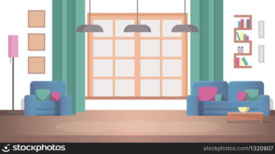 Concept View Interior Desing Living Room at Home. Cozy Home Interior. Blue Armchair Stand near a Window with Green Curtain. Stylish Chandelier. Bookshelf. Rest Room Home for whole Family