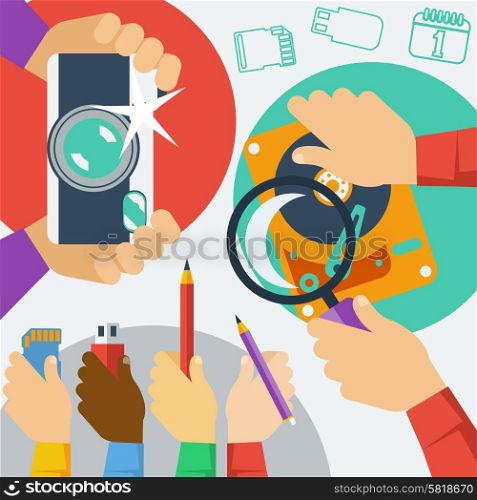 Concept with hands holding digital camera, hard disk, memory card, flash drive and pencils