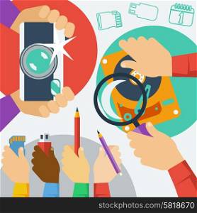 Concept with hands holding digital camera, hard disk, memory card, flash drive and pencils
