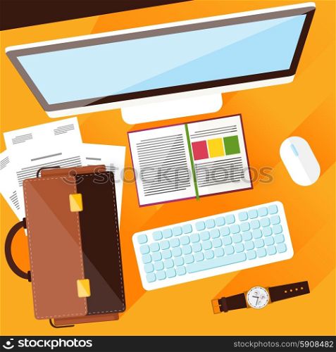 Concept with top view of office desk with keyboard, briefcase, stationery and personal accessories of businessman. Flat design modern concept of creative office workplace