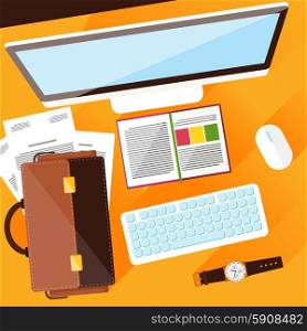 Concept with top view of office desk with keyboard, briefcase, stationery and personal accessories of businessman. Flat design modern concept of creative office workplace