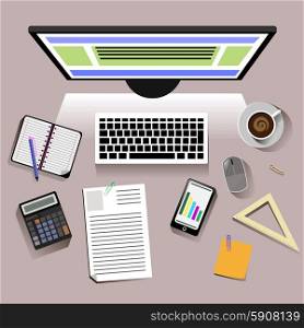 Concept with top view of office desk with keyboard, phone, personal accessories of student. Flat design modern concept of creative workplace. Monitor shines on the table