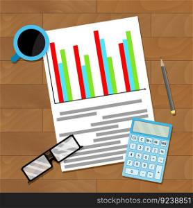 Concept workplace with infographic, accounting and analysis, vector illustration. Concept workplace with infographic