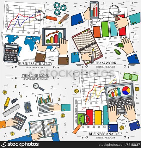 Concepts for business analysis and planning, consulting, team work, project management,financial report and strategy. Thin line icon.. Concepts for business analysis and planning, consulting, team wo