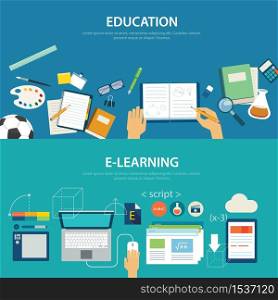 concepts of education and e-learning flat design