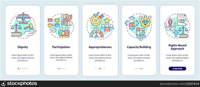 Concepts of international cooperation onboarding mobile app screen. Walkthrough 5 steps graphic instructions pages with linear concepts. UI, UX, GUI template. Myriad Pro-Bold, Regular fonts used. Concepts of international cooperation onboarding mobile app screen