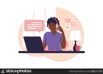 Concepts ourselves consulting, job online, remove job, call center. Operator african girl with computer, headphones and microphone. Flat vector illustration on white background.