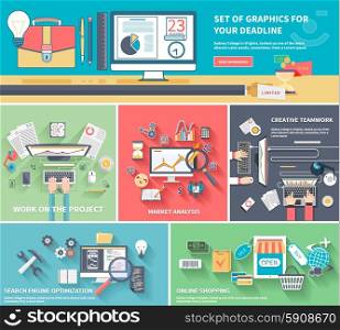 Concepts set of graphics for your dedline, work on the project, market analysis, creative teamwork, search engine optimization and online shopping. Flat icon modern design style