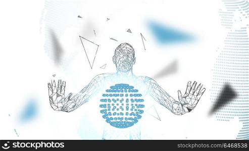 Conceptual abstract man. Connected lines, dots, triangles, particles. cience fiction scene. Artificial intelligence concept. High technology vector, digital background. 3D render vector illustration.. Conceptual abstract man. Connected lines, dots, triangles, particles on white background. Science fiction scene. Artificial intelligence concept. High technology vector, digital background. 3D render vector illustration.