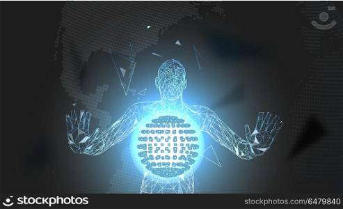 Conceptual abstract man. Connected lines, dots, triangles, particles. cience fiction scene. Artificial intelligence concept. High technology vector, digital background. 3D render vector illustration.. Conceptual abstract man. Connected lines, dots, triangles, particles on black background. Science fiction scene. Artificial intelligence concept. High technology vector, digital background. 3D render vector illustration.