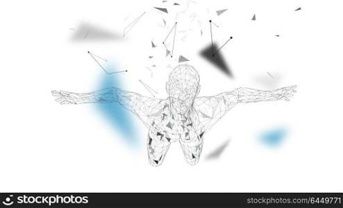Conceptual abstract man. Connected lines, dots, triangles, particles on white background. Artificial intelligence concept. High technology vector, digital background. 3D render vector illustration.. Conceptual abstract man. Connected lines, dots, triangles, particles on white background. Artificial intelligence concept. High technology vector, digital background. 3D render vector illustration