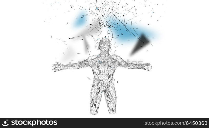 Conceptual abstract man. Connected lines, dots, triangles, particles on white background. Artificial intelligence concept. High technology vector, digital background. 3D render vector illustration.. Conceptual abstract man. Connected lines, dots, triangles, particles on white background. Artificial intelligence concept. High technology vector, digital background. 3D render vector illustration