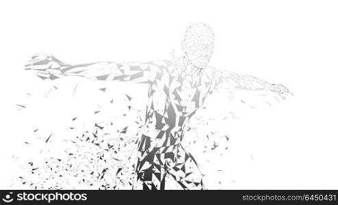 Conceptual abstract man. Connected lines, dots, triangles, particles on white background. Artificial intelligence concept. High technology vector digital background. 3D render vector illustration. Conceptual abstract man. Connected lines, dots, triangles, particles on white background. Artificial intelligence concept. High technology vector digital background. 3D render vector illustration.