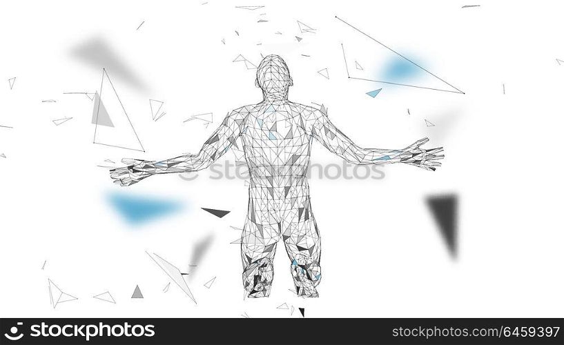 Conceptual abstract man. Connected lines, dots, triangles, particles on white background. Artificial intelligence concept. High technology vector, digital background. 3D render vector illustration.. Conceptual abstract man. Connected lines, dots, triangles, particles on white background. Artificial intelligence concept. High technology vector, digital background. 3D render vector illustration