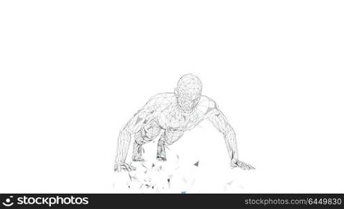 Conceptual abstract man doing push ups in gym. Connected lines, dots, triangles, particles. Sport concept. High technology vector, digital background. 3D render vector illustration. Conceptual abstract man doing push ups in gym. Connected lines, dots, triangles, particles. Sport concept. High technology vector, digital background. 3D render vector illustration.
