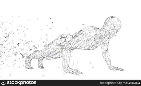 Conceptual abstract man doing push ups in gym. Connected lines, dots, triangles, particles. Sport concept. High technology vector, digital background. 3D render vector illustration. Conceptual abstract man doing push ups in gym. Connected lines, dots, triangles, particles. Sport concept. High technology vector, digital background. 3D render vector illustration.