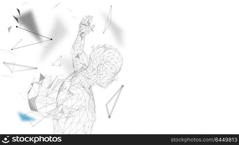 Conceptual abstract man getting ready to jump. Connected lines, dots, triangles, particles. Artificial intelligence concept. High technology vector, digital background. 3D render vector illustration.. Conceptual abstract man getting ready to jump. Connected lines, dots, triangles, particles. Artificial intelligence concept. High technology vector, digital background. 3D render vector illustration