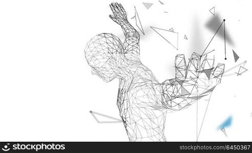 Conceptual abstract man getting ready to jump. Connected lines, dots, triangles, particles. Artificial intelligence concept. High technology vector, digital background. 3D render vector illustration.. Conceptual abstract man getting ready to jump. Connected lines, dots, triangles, particles. Artificial intelligence concept. High technology vector, digital background. 3D render vector illustration