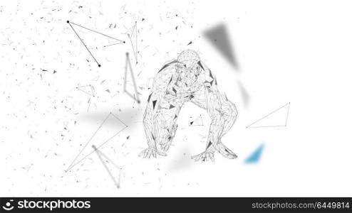 Conceptual abstract man getting ready to run. Connected lines, dots, triangles, particles. Artificial intelligence concept. High technology vector, digital background. 3D render vector illustration.. Conceptual abstract man getting ready to jump. Connected lines, dots, triangles, particles. Artificial intelligence concept. High technology vector, digital background. 3D render vector illustration