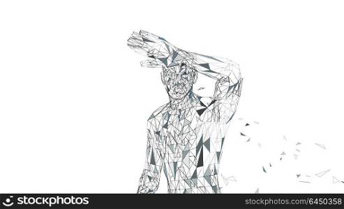 Conceptual abstract man hiding his face with hand. Connected lines, dots, triangles, particles. Cyber security concept. High technology vector digital background. 3D render vector illustration. Conceptual abstract man hiding his face with hand. Connected lines, dots, triangles, particles on white background. Cyber security concept. High technology vector digital background. 3D render vector illustration